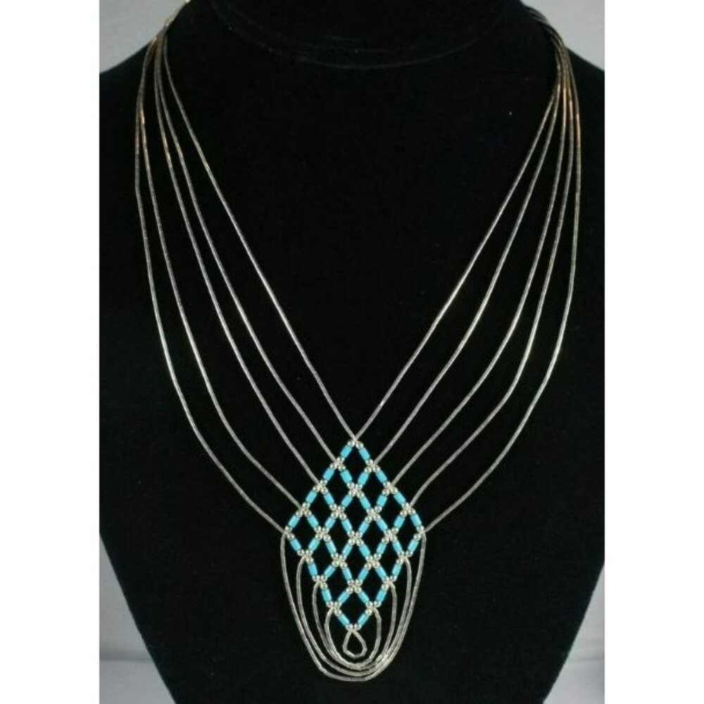 Native American Liquid Silver Woven Turquoise Beaded Necklace 18" Vintage 17.4g